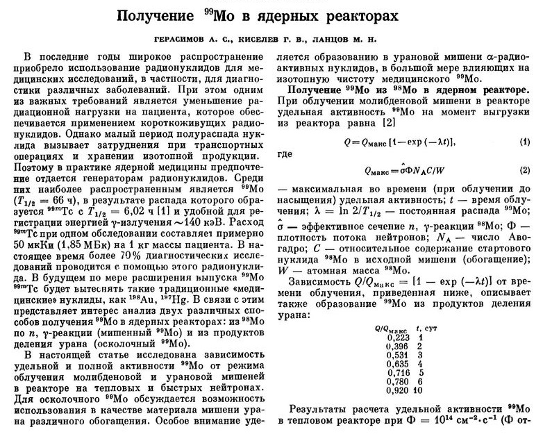 В 1987 году осуществлён выпуск опытной партии изотопа молибден-99, начат серийный выпуск.