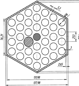 Жидкометаллический стенд «6Б» - поперечное сечение одной из 37-стержневых модельных ТВС с необогреваемым несущим стержнем (моделирующий теплоноситель – Na-K)
