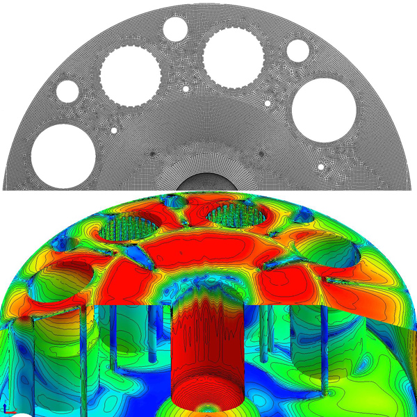 Расчетная сетка и результаты моделирования течения теплоносителя в верхней  камере реактора на быстрых нейтронах